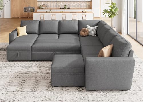 Image of HONBAY Modular Sectional Sleeper Sofa with Pull Out Couch, Oversized U Shaped Sleeper Pull Out Bed with Storage Sectional Couches for Living Room - Dark Grey