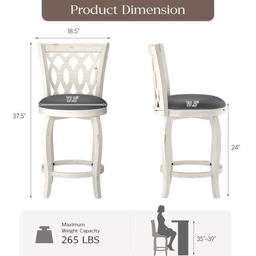 Butacos giratorios de barra MU de 24 pulgadas, juego de 4, estilo rústico, con asiento tapizado en cuero sintético y reposapiés de madera, para isla de cocina y pub, color blanco miniatura 3