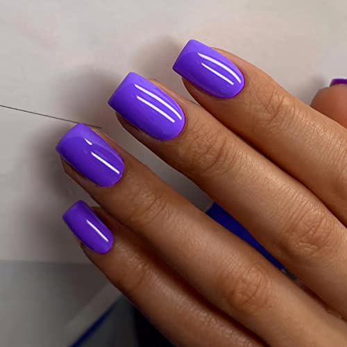 Purple Press On Nails Square Fake Nails Short Acrylic Nails Glossy False Nails With Glue Simple Artificial Finger Manicure For Women And Girls 24Pcs #TOP14
