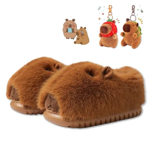 Geerta Cute Plush Capybara Slippers for Women Girls Daughters - 2PCS Capybara Stuffed Keychain Kawaii Christmas Gift Set, Fuzzy House Slippers Warm Fluffy Indoor Comfort Wear Shoes