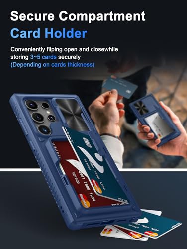 Image of Vihibii PC For Samsung Galaxy S24 Ultra Back Cover With Card Holder (4 Cards) & Slide Camera Cover & Kickstand, Hard Case For Galaxy S24 Ultra, Blue