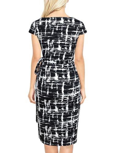 Image of Women's Vintage Cap Sleeves Asymmetrical Neckline Sheath Bodycon Casual Work Cocktail Party Pencil Faux Wrap Dresses