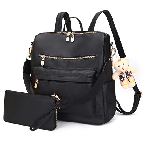 Image of Soperwillton Women Backpack Purse Shoulder Handbags Travel Bag Set 2pcs | Soft PU Leather,Large Capacity,Many Pockets,with a Functional Wallet,with a Detachable Shoulder Strap,Multipurpose Design