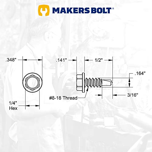 410 Stainless Steel #8 x 1/2\" Hex Washer Head Self Drilling Screws (100 pcs) Black Oxidized in USA by Makers Bolt
