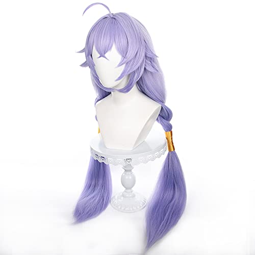Image of Anime Purple Wigs with Bangs Long Straight Loose Wig with Two Braid Ponytail Adult COS Game Dragon Bai Cosplay Wigs Halloween,Christmas,Comic con,Game Show,Party