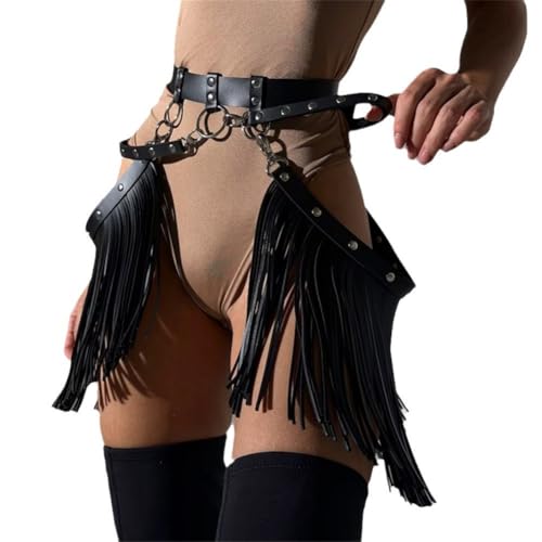 XGOPTS Women Leather Tassel Fringe Belt Gothic Tassel Waist Belt Western Punk Skirt Belts Body Cage Harness Cinch Belt, Black