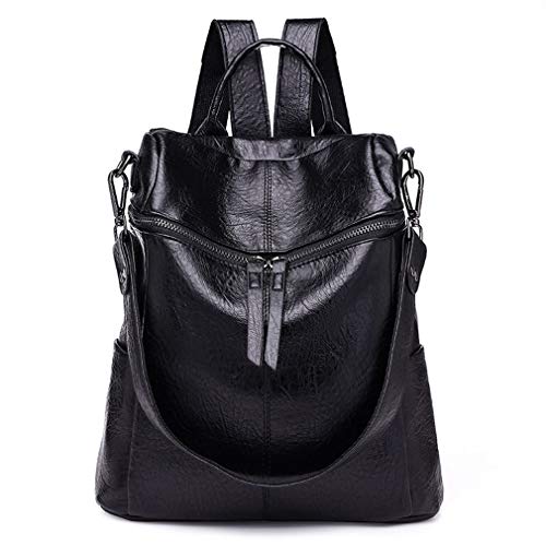 Preisvergleich Produktbild SUNSKYOO Unisex Rucksack PU Leder Multifunktionsgriff Tote Reißverschluss Abnehmbarer Riemen Umhängetasche,Schwarz