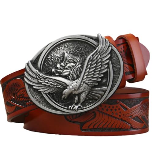 Men's Embossed Eagle & Flag Leather Belt - Engraved Soaring Eagle Antique Silver Buckle Gift Set