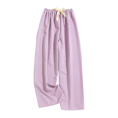 Pyjama Bottoms Womens Summer Soft Wide Leg Lounge Pants Striped Printed Elasticated Waist Trousers Lightweight Nightwear Comfy Full Length Girls Cotton Sleep Pants for All Seasons One Size Purple