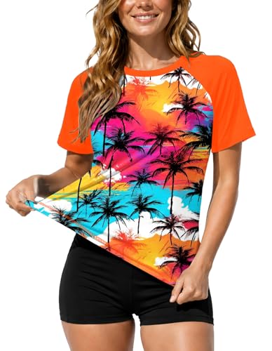 Image of AOBUTE Women Short Sleeve Rash Guard UPF 50+ Tropical Sun Protection Floral Swim Shirts