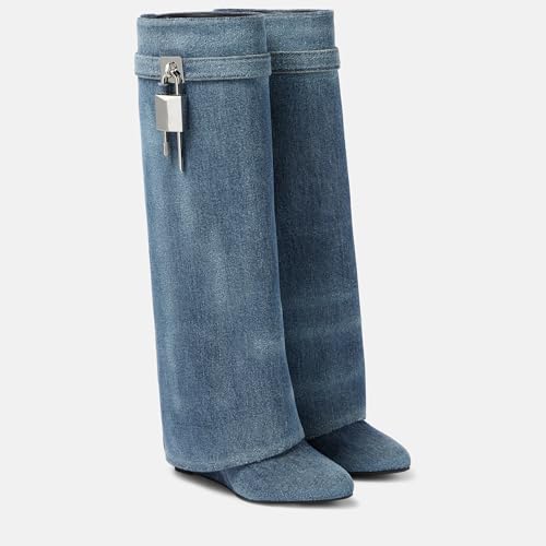 Image of Arqa Knee High Boots Womens Wedge High Heels Shark Boots Fold Over Pull-on Pointed Toe Tall Fashion Boots for Women