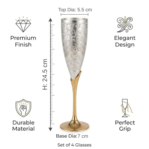 Image of DSH CRAFTING YOUR CURIOSITY Silver Plated Wine Glass Set of 4 Champagne Glass Flute Design | Goblet Glass Best For Parties, 200 ML