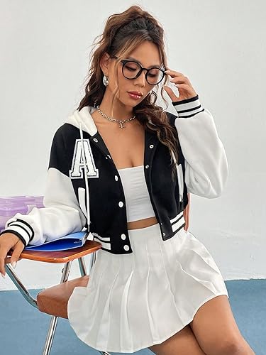 SweatyRocks Women's Letter Print Hooded Bomber Jacket Color Block Long Sleeve Cropped Baseball Jacket Outerwear3
