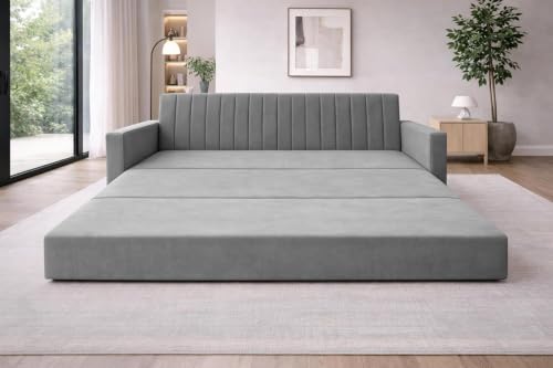 Image of Rosebell Foldable Sofa-Cum-Bed | 3-in-One Convertible Couch with Armrest | Modern Velvet Fabric Sofa for Living Room, Bedroom & Office-Grey-Color