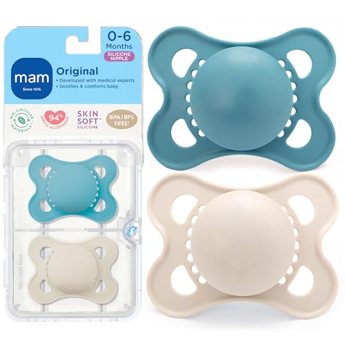 Image of MAM Original Matte Baby Pacifiers 0-6 Months, Binky for Newborn Babies, BPA-Free Skin Soft Silicone Nipple, Easy to Clean, Developed with Medical Experts, 2 Count, With Sterilizer Case, Made in Europe