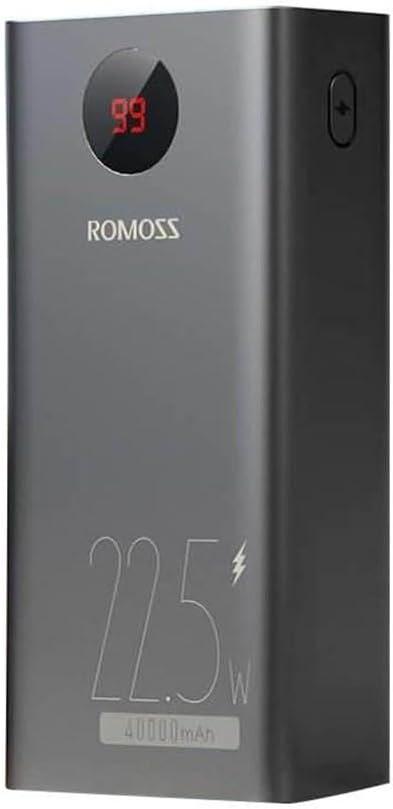 زاویه دار view of Romoss PEA40PF Powerbank showing side button and top ports.