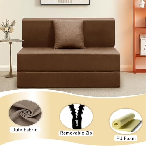 Image of Easy Foldable One Person Sofa Cum Bed Jute Fabric- Washable Cover- Including One Cushion- Size 3' X 6' Ft (Brown Color) Perfect for Home & Office for Guests