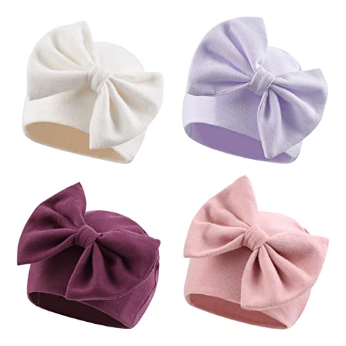 Image of Bamery Newborn Baby Girl Hat Cotton Baby Bow Beanie Preemie Hats Spring Infant Hats for Girls 0-12 Months
