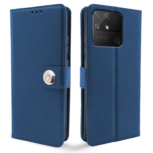 Image of Pikkme Realme Narzo 50A Flip Cover Leather Finish | Inside TPU with Card Pockets | Wallet Stand and Shock Proof | Complete Protection Button Flip Case (Blue)