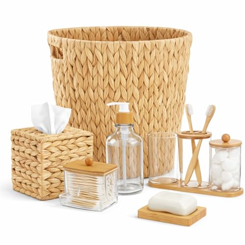 Teenyyou 9-piece Handwoven Wicker Bathroom Set 15L / 4 Gallon Natural Water Hyacinth Trash Can Tissue Holder Soap Dispenser Toothbrush Cup Vanity Tray & Storage Jars