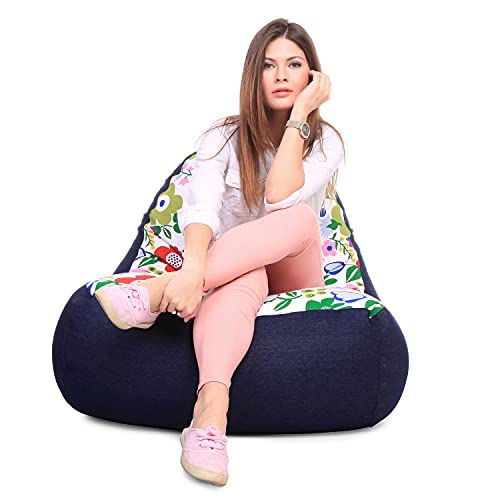 Image of Style Homez Urban Design Denim Canvas Floral Printed Chair Bean Bag XXL Size Filled with Beans Fillers