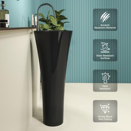 Image of LAPO Pedestal Wash Basin, Ceramic Standing Pedestal Wash Basin for Bathroom, One Piece Wash Basin for Bathroom and Living Room and Home 15x15x31.5 Inch, Black) -MID