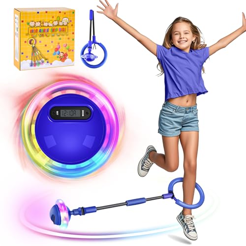 Charmofun Bola de Salto de Tobillo, Plegable Anillo de Salto Intermitente Colorida, Anillo de Salto de Tobillo con Conteo de Tiempo, Pelota De Salto Deportiva para Niños Niñas de 6-12 Años (Azul)