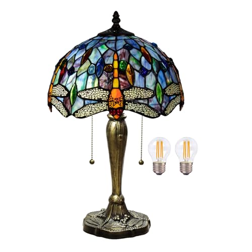 Nizrsky Tiffany Table Lamp, 12 Inch Dragonfly Stained Glass Lamp,Tiffany Style Lamp for Bedroom Living Room Home, Handcrafted Light, Included Bulb