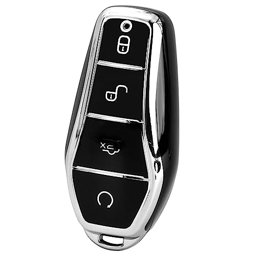 Image of KMH TPU Car Smart Key Cover Compatible for BYD Atto-3 4 Push Button Smart Key Shell Case Holder, Key Protector (Black Silver & White) Pack of 2