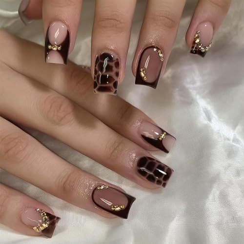 CUZIAM Brown Gold Press on Nails Short Square- Luxury Fake Nails with Leopard Print French Tip Design Glossy Salon Quality Bling Diamond Rhinestones Glue on Press ons with Nail Kit for Women 24PCS