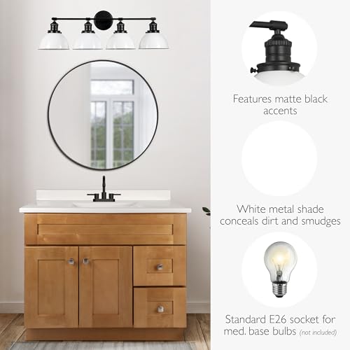 Image of Design House Savannah Rustic Farmhouse 4-Light Bathroom Vanity Light, Dimmable, Matte Black, White Metal Shade, 34.25 in x 9 in x 10.88 in, 589051-BLK | Dimmable, Wall Mount, Modern Farmhouse, Steel, Lighting, 589051-BLK