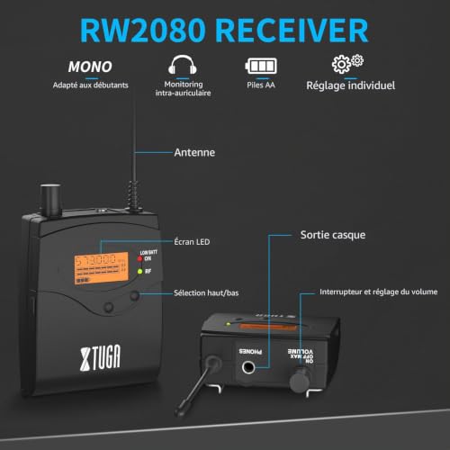 XTUGA RW2080 Système de Moniteur Intra-auriculaire 2 canaux 6 bodypack with Transmitter Noir – vue 3