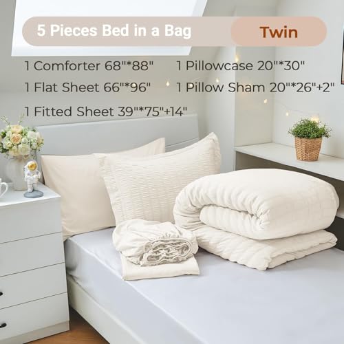 MUXHOMO 5 Pieces Twin Comforter Set, Seersucker Bed in a Bag Twin Size, All Season Luxury Bedding Set with Comforter, Flat Sheet, Fitted Sheet, Pillowcase & Sham, Ivory
