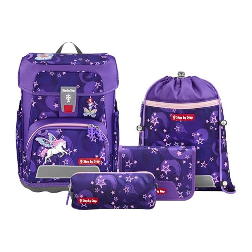 Step by Step Schulranzen-Set Cloud „Pegasus Liv“ 5-teilig, lila, Pegasus-Design, ergonomischer Tornister mit Reflektoren, höhenverstellbar mit Hüftgurt für Mädchen ab der 1. Klasse, 19L