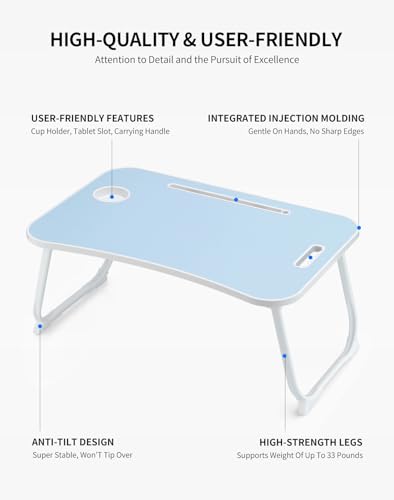 Image of ZEAPTAC Laptop Bed Desk, Foldable Lap Desk, Portable Lap Table, Laptop Stand with Cup Holder, Tablet Slot & Lifting Handle for Work, Write, Draw & Eat on Bed, Sofa or Couch - Blue