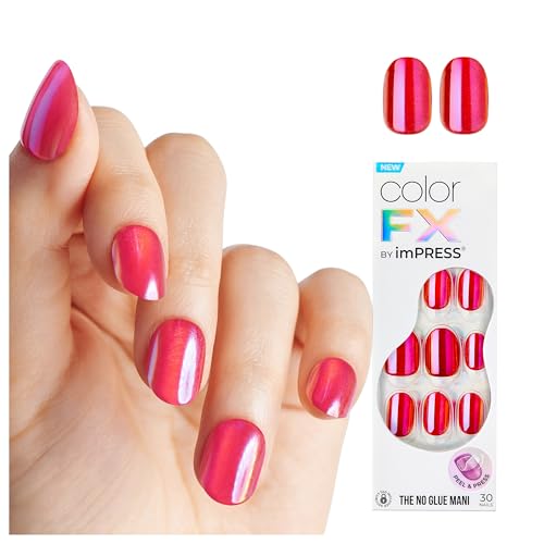 KISS colorFX by imPRESS Press On Nails , ‘Floating’, Solid Red with Pearlescent Finish, Short Oval, IMPROVED adhesive, Includes 30 Fake Nails, Prep Pad, 1 Manicure Stick, 1 Mini Nail File