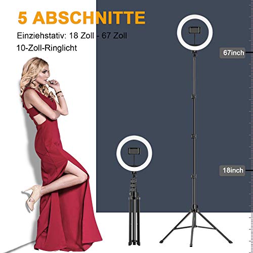 LED Ringlicht mit Stativ Handy,10" Selfie Ringleuchte mit 63" Stativ Bluetooth Fernbedienung USB-betrieben 3 Farbe &10 Helligkeitsstufen,Ringleuchte für YouTube, Tiktok,Live-Stream,Makeup – Bild 6