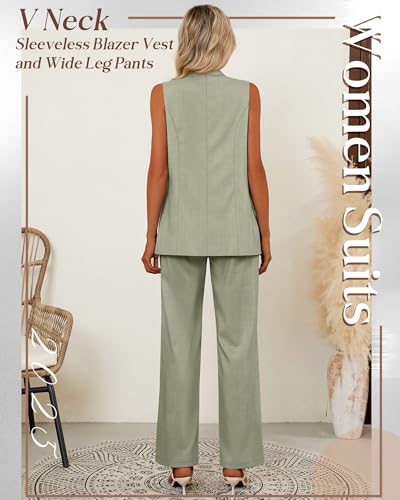 Riyiper Women Suits 2 Piece Sets Button Lapel V Neck Sleeveless Blazer Vest and Wide Leg Pants Suit Matching Outfits4