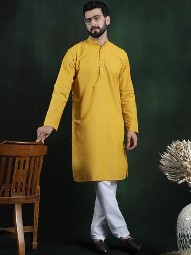 Image of SOJANYA (Since 1958 Men's Pure Cotton Checked Embroidered Long Kurta | Traditional for Diwali Celebrations