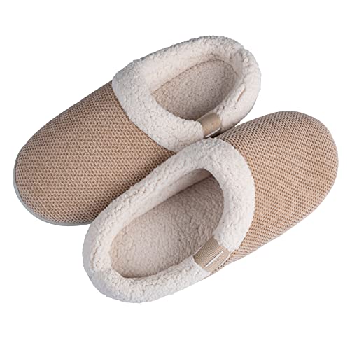 Vagasi Memory Foam Slippers With Plush Collar Knitted Cotton Men’s Winter Warm Scuff Slippers For Indoor Outdoor,Beige,5-6