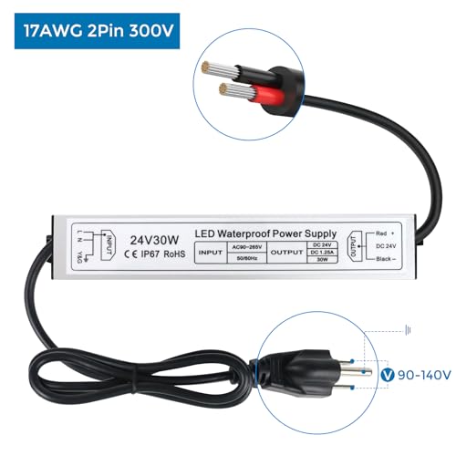 Image of 24V Power Supply 30W, IP67 Waterproof LED Driver Transformer, AC 90-140V to DC 24V 1.25A Converter for Outdoor Landscape Lighting and LED Strip Lights, 3-Prong Plug with 3.3FT Cable