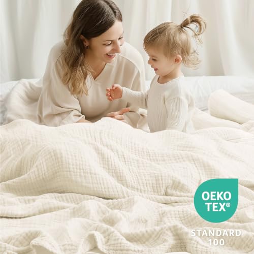Image of 100% Cotton Muslin Blanket for Adults, 6-Layer, Queen, 90 x 90, Ivory