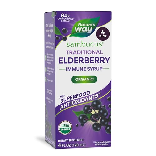 Natures Way Sambucus Organic Traditional Elderberry Syrup for Traditional Immune Support* with Highly Concentrated Organic Black Elderberry Extract & Superfood Antioxidants Berry Flavored 4 Fl Oz