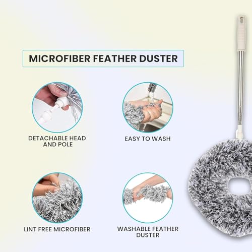 Image of 30 inch Long Handle Fan Cleaner Brush | Washable, Custom Shapable & Flexible Feather Ceiling Duster | Microfiber Dust Cleaner for Home, Kitchen, Car