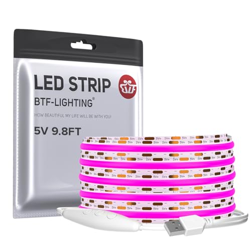Image of BTF-LIGHTING 5V USB Purple Color COB LED Strip Lights Super Bright Dimmable LED Tape Light,9.8FT 320LEDs Flexible Light Strip with Strong 3M Tape for 3D Printer,TV Backlight,Cabinet,Home Lighting