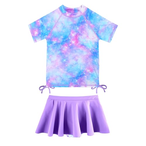Image of BAOHULU Girls Two Piece Swimsuits Rash Guard Ruffle Bikini Skirt Short Sleeves Beach Dress Swimwear UPF 50+ 3-12Y