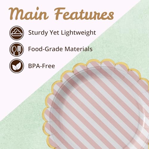 Image of Party Paper Plates, 50-Pack 9-Inch Bulk Disposable Decorative Paper Plates with Gold Scalloped Trim, 6 Colors for Tea Party, Easter, Garden Party, and Bridal Showers, Gilded Pastel Stripeworks