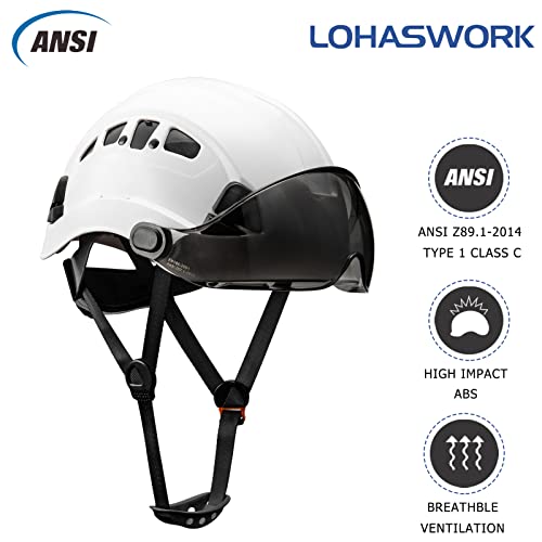 Lohaswork Safety Hard Hat Ansi Z89.1 Approved,Adjustable Safety Helmet With Visor,6-Point Suspension,Construction Forestry Aborist Work(01White+Tinted Visor) #TOP4