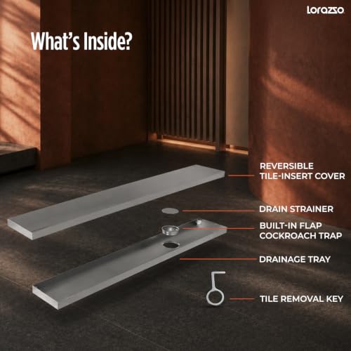 Image of Lorazzo Linea Tile-Insert SS304 Shower Drain Channel 24x4 Inch | Built-in Cockroach Trap | Stainless Steel Floor Drain | Silver Finish | Bathroom Shower Drain | 10 Year Warranty