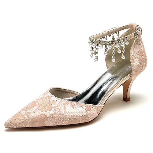Hyinlays Women's Closed Toe Pumps Wedding Low Heel with Pearls Lace Ankle Strap Kitten Heels Pointed Toe Prom Evening Party Dress Shoes for Bride